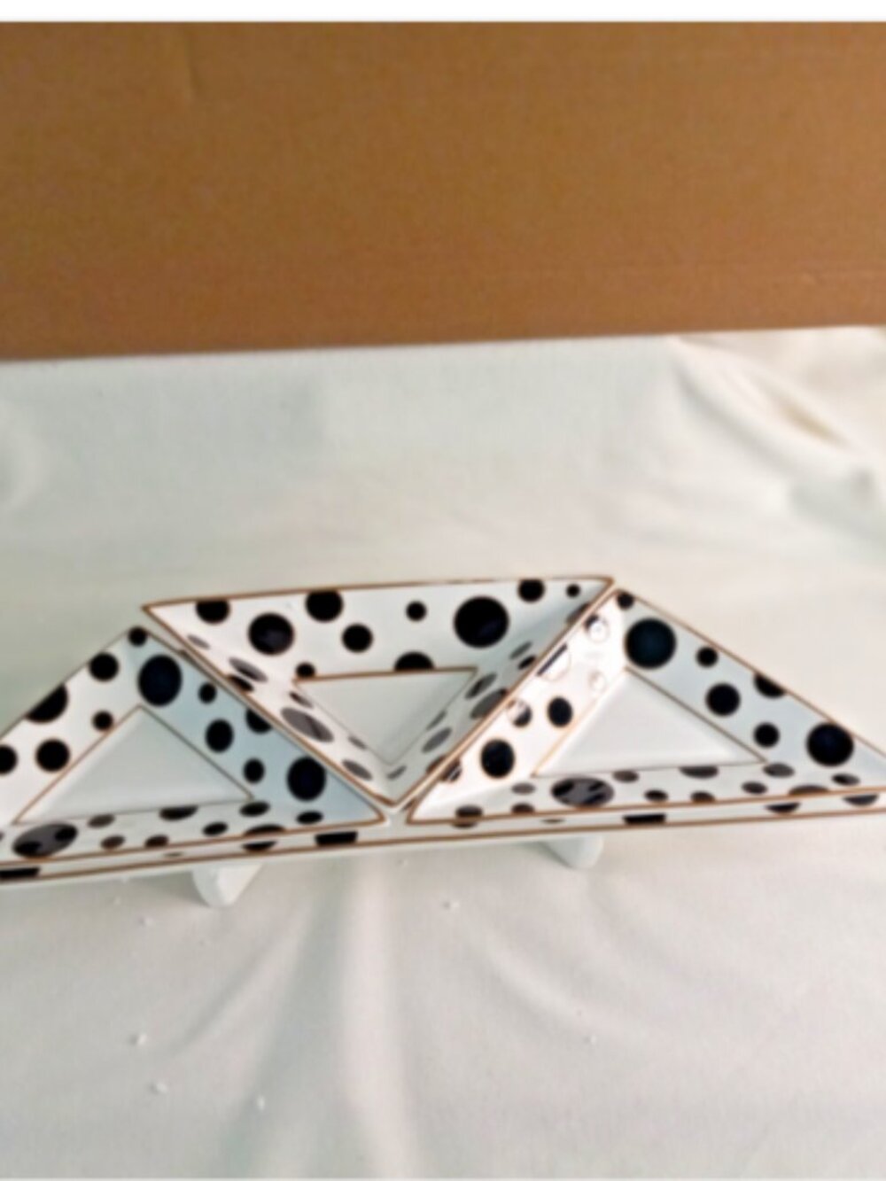Triangle Divided Serving Tray Set of 3 w/ Stand Black White Polka Dot Porlien